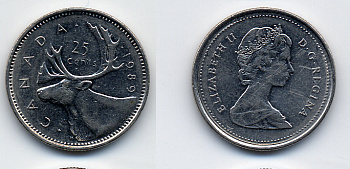 КАНАДА 25 ЦЕНТОВ 1989 ОЛЕНЬ KM 74 никель 54-267