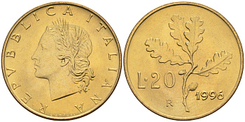 Италия 20 лир 1996 R, дубовый лист KM 97.2 алюминиевая бронза  UNC  4594-1049