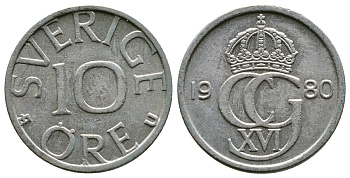 Швеция 10 эре 1980 Карл XVI Густав (1973- ) KM 850 медно-никель 176-646