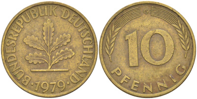 ФРГ 10 пфеннигов 1979 G KM 108, J. 383 сталь плакированная латунью 62-611