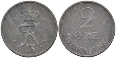 Дания 2 эре 1959 C;S, Фредерик IX (1947-1972) KM 840.2 цинк 190-946