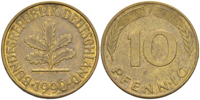 ФРГ 10 пфеннигов 1990 F KM 108 сталь плакированная латунью 4126-541