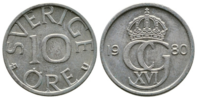 Швеция 10 эре 1980 Карл XVI Густав (1973- ) KM 850 медно-никель 176-646