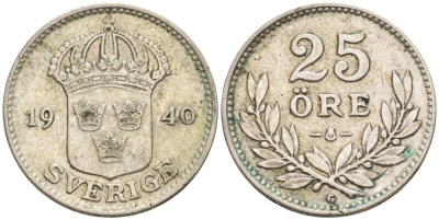Швеция 25 эре 1940 G, Густав V (1907-1950) KM 785 серебро 220-124