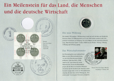 ФРГ 1 марка 1994 D, 50 лет немецкой марке, картонный буклет, официальный выпуск немецкой почты (Deutsche Post) UNC 00-00
