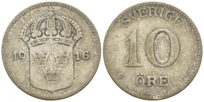 Швеция 10 эре 1916 W, Густав V (1907-1950) KM 780 серебро 3309-837