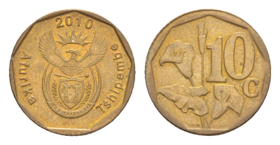 ЮАР 10 центов 2010 герб, цветок алоэ KM 494 сталь плакированная бронзой 4621-1261