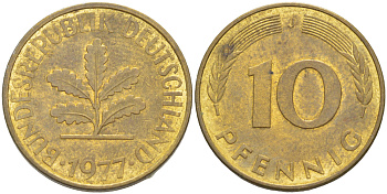 ФРГ 10 ПФЕННИГОВ 1977 J KM 108, J. 383 сталь плакированная латунью 4182-854