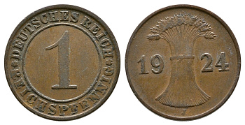 ГЕРМАНИЯ 1 РЕЙХСПФЕННИГ 1924 J KM 37, J.313 бронза 4380-1067