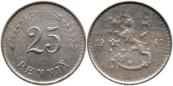 ФИНЛЯНДИЯ 25 ПЕННИ 1940 S KM 25 медно-никель 4387-459