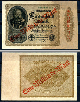 Германия 1000000000 марок 1923 красная диагональная, двухсторонняя надпечатка на 1000 марок 1922, бумага белая, водяной знак 1001 Pick 113 a (2) бумага 8589-47-1-1