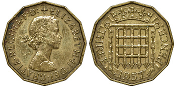 Великобритания 3 пенса 1957 Елизавета II (1952-2022) KM 900, Spink 4153 никель латунь 72-1757