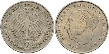 ФРГ 2 марки 1970 F, Конрад Аденауэр KM 124, J. 406 медно-никель 4159-1153