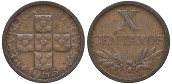 ПОРТУГАЛИЯ 10 СЕНТАВО 1955 KM 583 бронза 45-1133