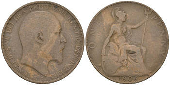 Великобритания 1 пенни 1906 Эдуард VII (1901-1910) KM 794.2, Spink 3990 бронза 221-1234
