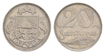 Латвия 20 сантимов 1922 год-тип KM 5 никель 4658-1244