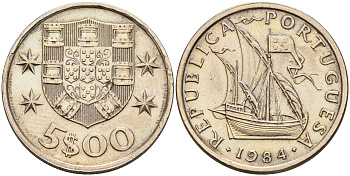 Португалия 5 эскудо 1984 парусник KM 591 медно-никель    4161-816