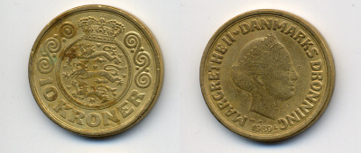 ДАНИЯ 10 КРОН 1989 NR; JP; A, МАРГРЕТЕ II (1972-) KM 867.1 алюминевая бронза 4383-139