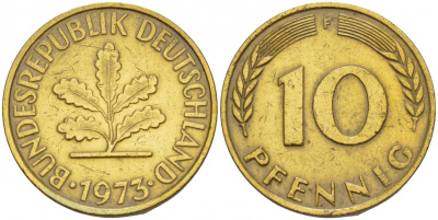 ФРГ 10 ПФЕННИГОВ 1973 F KM 108, J. 383 сталь плакированная латунью 4544-1122
