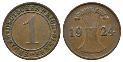 ГЕРМАНИЯ 1 РЕЙХСПФЕННИГ 1924 J KM 37, J.313 бронза 4380-1067