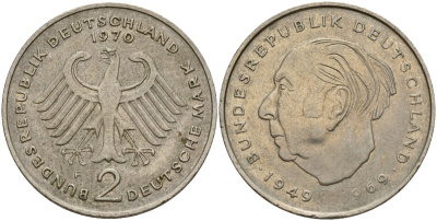 ФРГ 2 марки 1970 F, Конрад Аденауэр KM 124, J. 406 медно-никель 4159-1153