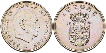 Дания 1 крона 1963 C. S, Фредерик IX (1947-1972) КМ 851.1 медно-никель    4177-312