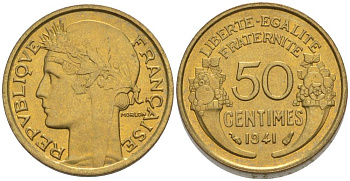 ФРАНЦИЯ 50 САНТИМОВ 1941 ТИП MORLON KM 894.1, LE FRANC 192.18 алюминиевая бронза 44-619