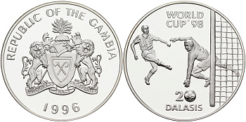 Гамбия 20 даласи 1996 чемпионат мира по футболу во Франции 1998 год, тираж 10000 экз. KM 51 серебро PROOF 1098-1-52