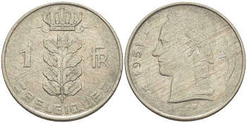 БЕЛЬГИЯ 1 ФРАНК 1951 BELGIQUE, БОДУЭН I (1951-1993) KM 142.1 медно-никель 119-434