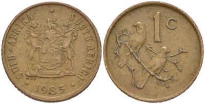 ЮАР 1 цент 1985 герб, капские воробьи KM 82 бронза 218-1154