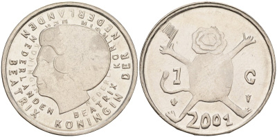 Нидерланды 1 гульден 2001 прощай гульден, детский рисунок, лев с флагом в руках KM 233 никель 4143-1214