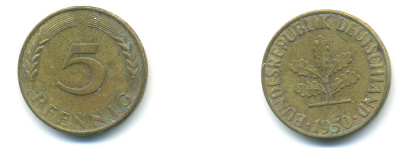 ФРГ 5 ПФЕННИГОВ 1950 F KM 107 J. 382 сталь плакированная латунью 83-124