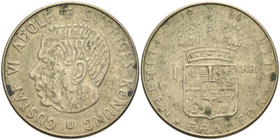 Швеция 1 крона 1964 U, Густав VI Адольф (1950-1973) KM 826 серебро 4542-515