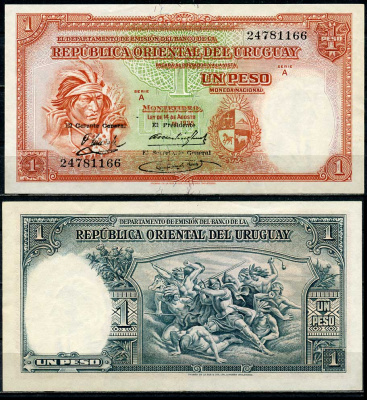 Уругвай 1 песо 1935 индеец, конкистадор, сражающийся с индейцами, серия A, El Presidente Pick 28 c(2)  бумага   451-675-3
