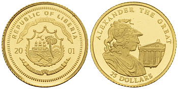 Либерия 25 долларов 2001 Александр Македонский  золото  PROOF  00-812-59