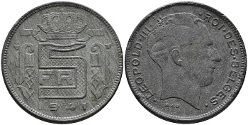 БЕЛЬГИЯ 5 ФРАНКОВ 1941 BELGES, ГЕРМАНСКАЯ ОККУПАЦИЯ, ВТОРАЯ МИРОВАЯ ВОЙНА KM 129.1 цинк 93-147