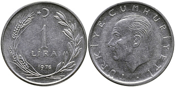 Турция 1 лира 1976 Мустафа Кемаль Ататюрк KM 889а.2 нержавеющая сталь 4541-523