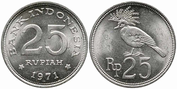 Индонезия 25 рупий 1971 венценосный голубь KM 34 медно-никель 86-1744