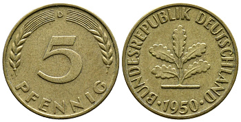ФРГ 5 ПФЕННИГОВ 1950 D KM 107, J. 382 сталь плакированная латунью 26-1112