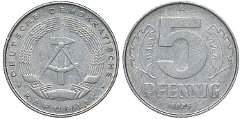 ГДР 5 ПФЕННИГОВ 1975 A KM 9.1 алюминий 62-334