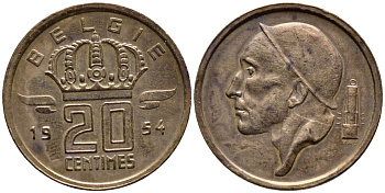 БЕЛЬГИЯ 20 САНТИМОВ 1954 BELGIE KM 147.1 бронза 4392-851