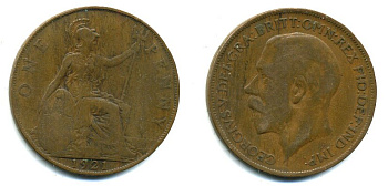 Великобритания 1 пенни 1921 Георг V (1910-1936) KM 810, Spink 4051 бронза 41-441