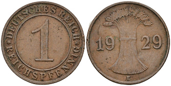 Германия 1 рейхспфенниг 1929 F KM 37, J. 313 бронза 4136-1153