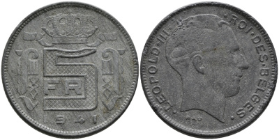 БЕЛЬГИЯ 5 ФРАНКОВ 1941 BELGES, ГЕРМАНСКАЯ ОККУПАЦИЯ, ВТОРАЯ МИРОВАЯ ВОЙНА KM 129.1 цинк 93-147