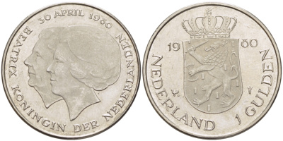 Нидерланды 1 гульден 1980 на коронацию Беатрикс, 30 апреля 1980 KM 200 никель 31-834