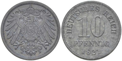 ГЕРМАНИЯ 10 ПФЕННИГОВ 1921 (1917-1922) KM 26, J. 299, Weege 8 цинк 210-255