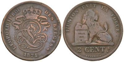 Бельгия 2 сантима 1871 Леопольд II (1865-1909) KM 35.1 медь 63-652