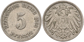 Германия 5 пфеннигов 1903 A KM 11, J. 12 медно-никель 4151-438