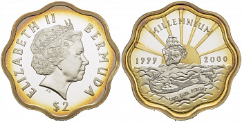Бермудские острова 2 доллара 1999-2000 миллениум, монета необычной формы, позолота KM 116 серебро  PROOF  11-041-33