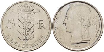 БЕЛЬГИЯ 5 ФРАНКОВ 1978 BELGIQUE KM 134.1 медно-никель 67-637